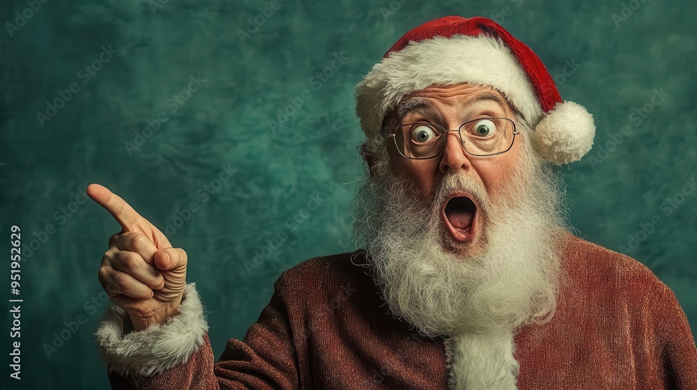 Surprised Santa Claus pointing with a shocked expression. Surprised Santa Claus pointing with a shocked expression.