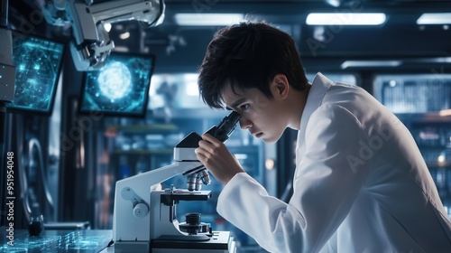 A focused scientist examines a sample under a microscope in a modern laboratory filled with advanced technology.