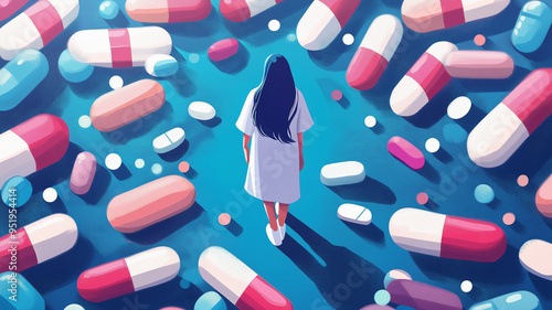 A woman's head is covered in pills