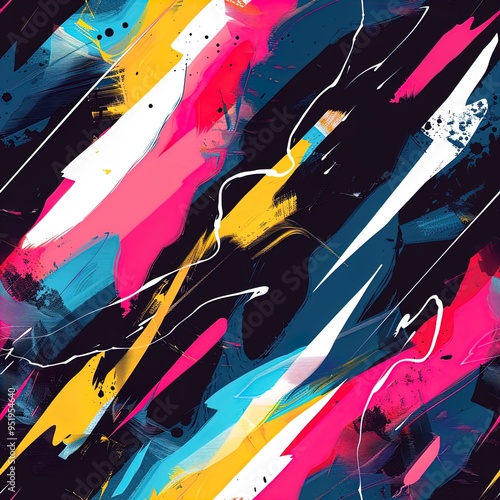 The image showcases an abstract, vibrant, and dynamic composition with bold, sweeping brushstrokes of various colors. Dominant hues include neon pink, bright yellow, deep blue, white, and black, creat