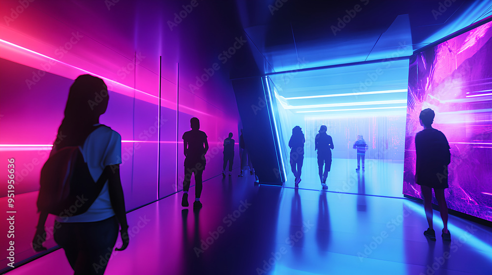 group of people experience a vibrant and futuristic exhibit, filled with interactive installations and neon colors, creating an immersive and exciting environment group of people experience a vibrant and futuristic exhibit, filled with interactive installations and neon colors, creating an immersive and exciting environment