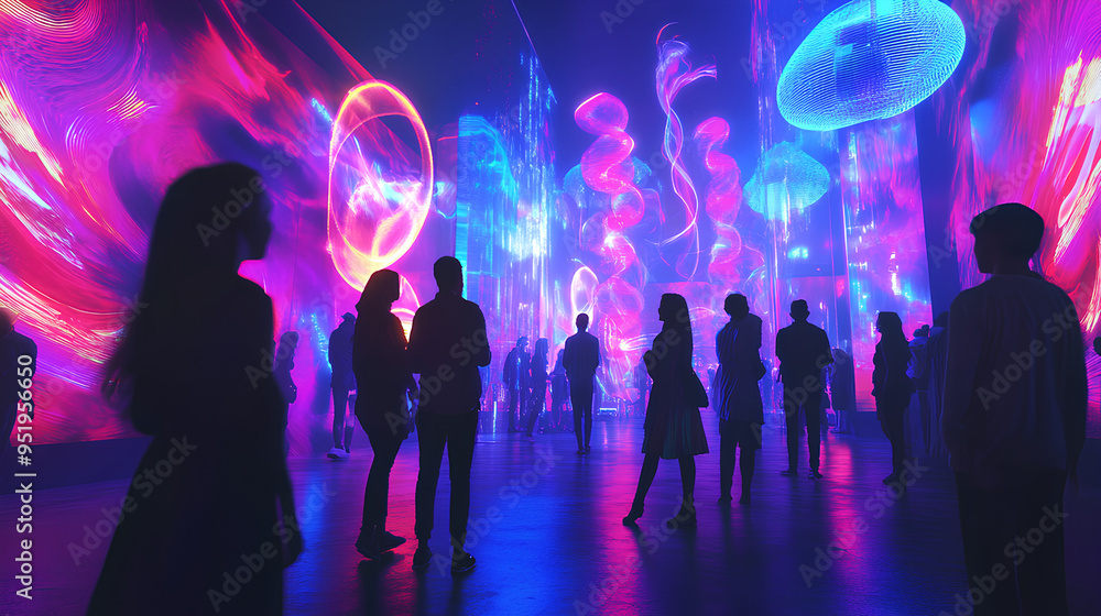 Fototapeta premium group of people experience a vibrant and futuristic exhibit, filled with interactive installations and neon colors, creating an immersive and exciting environment