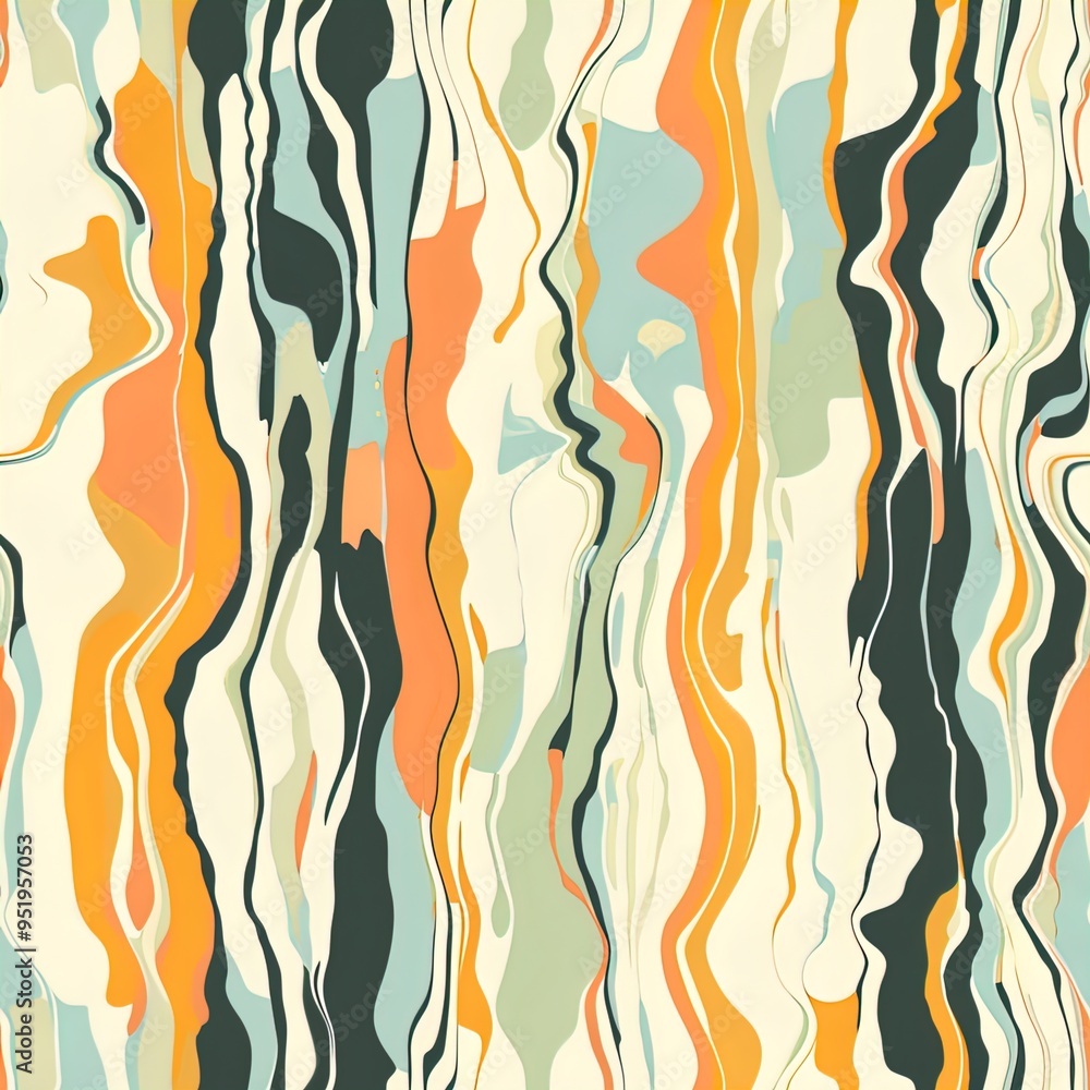 An abstract pattern featuring elongated, flowing shapes in various colors including shades of orange, green, blue, and cream. The shapes are wavy and undulating, imitating a marbling effect. The color An abstract pattern featuring elongated, flowing shapes in various colors including shades of orange, green, blue, and cream. The shapes are wavy and undulating, imitating a marbling effect. The color