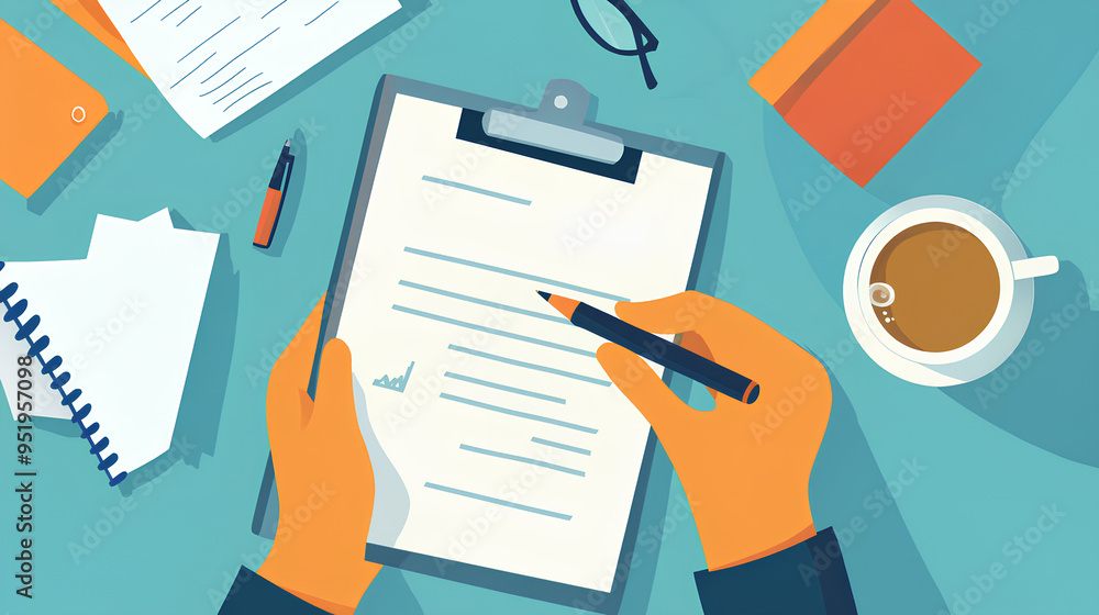 hand holding a pen, writing on a clipboard, with a coffee cup, notebook, and other office items nearby hand holding a pen, writing on a clipboard, with a coffee cup, notebook, and other office items nearby