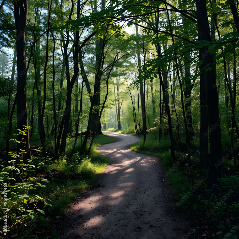 Serene forest path winding through lush greenery on a bright sunny day Serene forest path winding through lush greenery on a bright sunny day