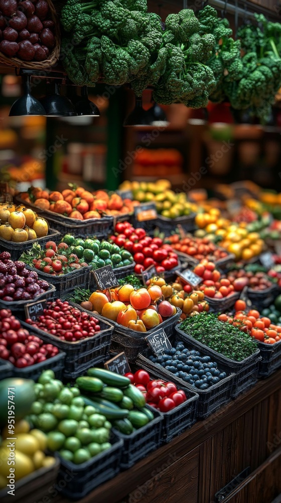 A vibrant miniature farm market featuring a variety of fresh fruits and vegetables displayed in baskets, creating a lively atmosphere. A vibrant miniature farm market featuring a variety of fresh fruits and vegetables displayed in baskets, creating a lively atmosphere.