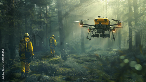 A yellow drone is flying over a forest with three people in yellow suits