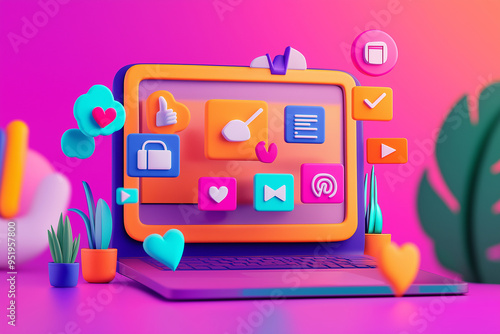 A colorful laptop screen with a lot of icons and a heart on it
