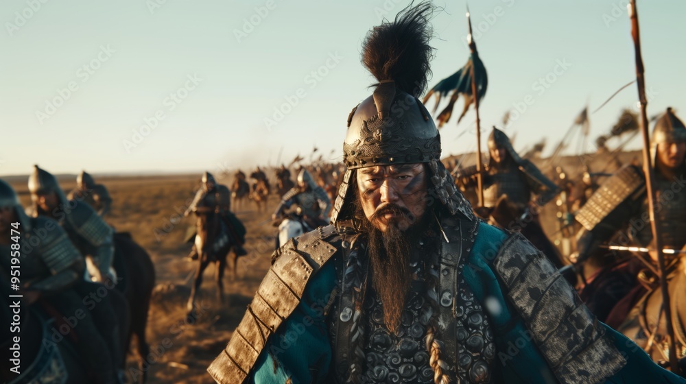Cinematic Close-Up of Genghis Khan Leading Troops into Battle with Intense Focus and Leadership Cinematic Close-Up of Genghis Khan Leading Troops into Battle with Intense Focus and Leadership