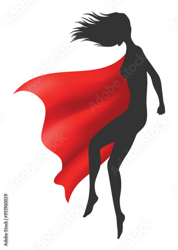 Woman superhero silhouette with scarlet fabric silk cloak. Mantle costume or cover cartoon vector illustration