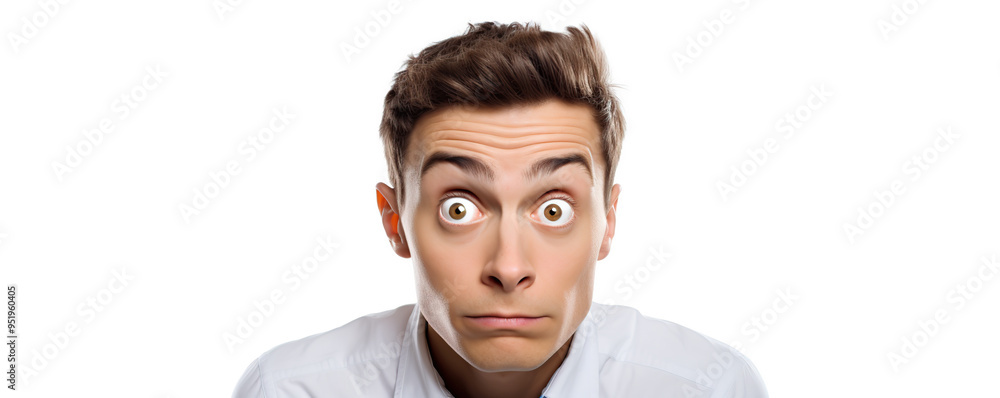 Surprised young man with wide eyes shows astonishment against a plain white background Surprised young man with wide eyes shows astonishment against a plain white background