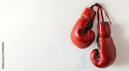 “A Pair of Red Boxing Gloves Hanging from the Bottom Left of the Frame, Highlighting Sports Equipment and Athletic Training, Ideal for Fitness and Sports Promotion, Boxing-Themed Graphics, and Visual 