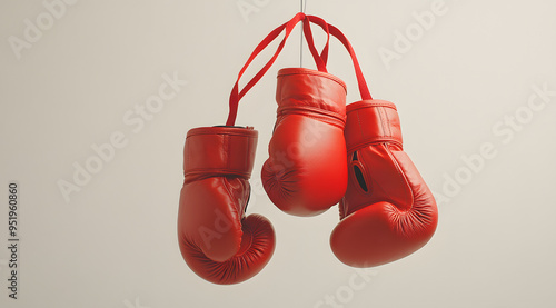 “A Pair of Red Boxing Gloves Hanging from the Bottom Left of the Frame, Highlighting Sports Equipment and Athletic Training, Ideal for Fitness and Sports Promotion, Boxing-Themed Graphics, and Visual 