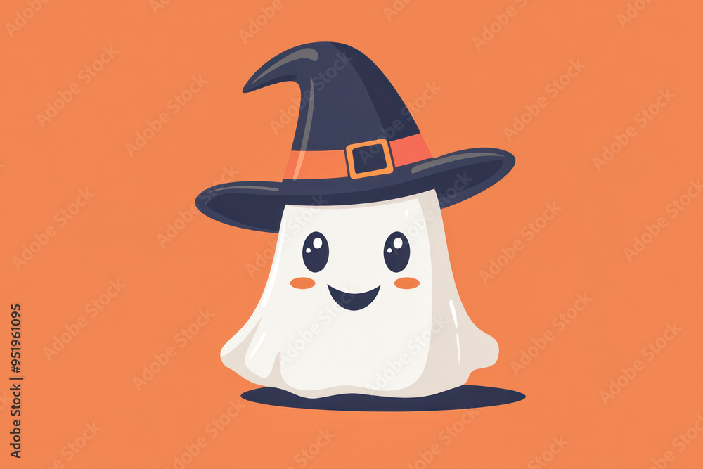 Happy halloween party greeting card with cute ghost and fancy hat. Holidays cartoon character. Happy halloween party greeting card with cute ghost and fancy hat. Holidays cartoon character.