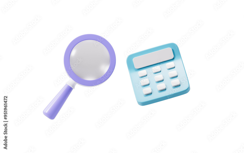 Cartoon calculator and magnifying glass , 3d rendering. Cartoon calculator and magnifying glass , 3d rendering.