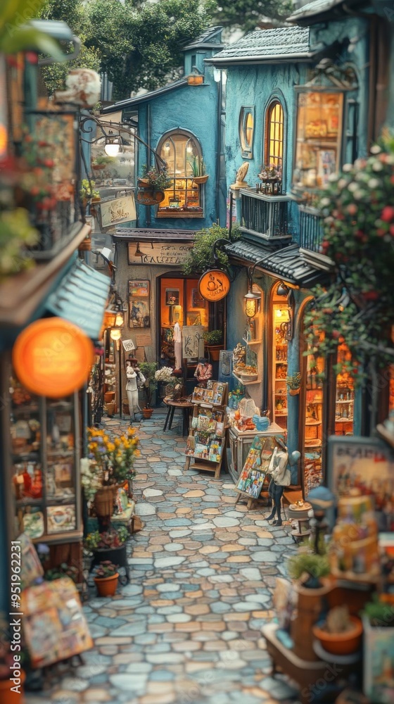 A vibrant miniature street lined with quaint shops, colorful flowers, and artistic displays, bustling with charm. A vibrant miniature street lined with quaint shops, colorful flowers, and artistic displays, bustling with charm.