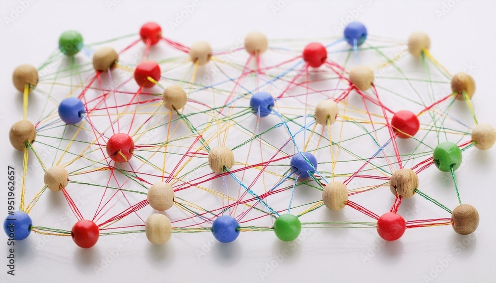 Obraz premium Abstract Network Connection: Colorful Strings and Wooden Beads on White Background