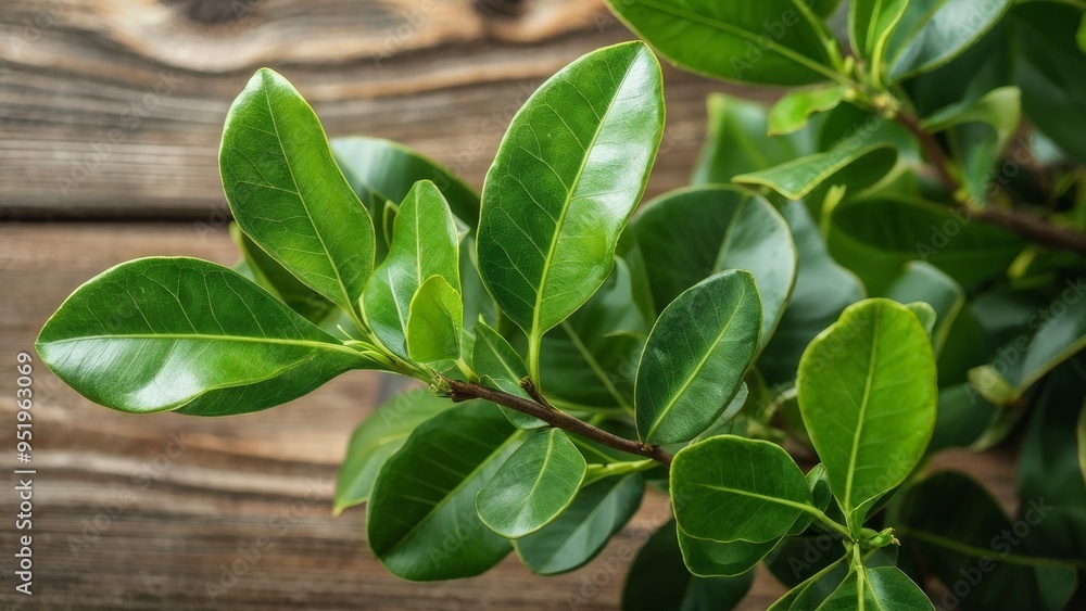 Fresh green leaves of a laurel tree on a wooden background. Fresh green leaves of a laurel tree on a wooden background.