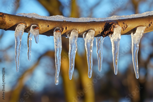 Frosted tree branch covered with ice and icicles photo