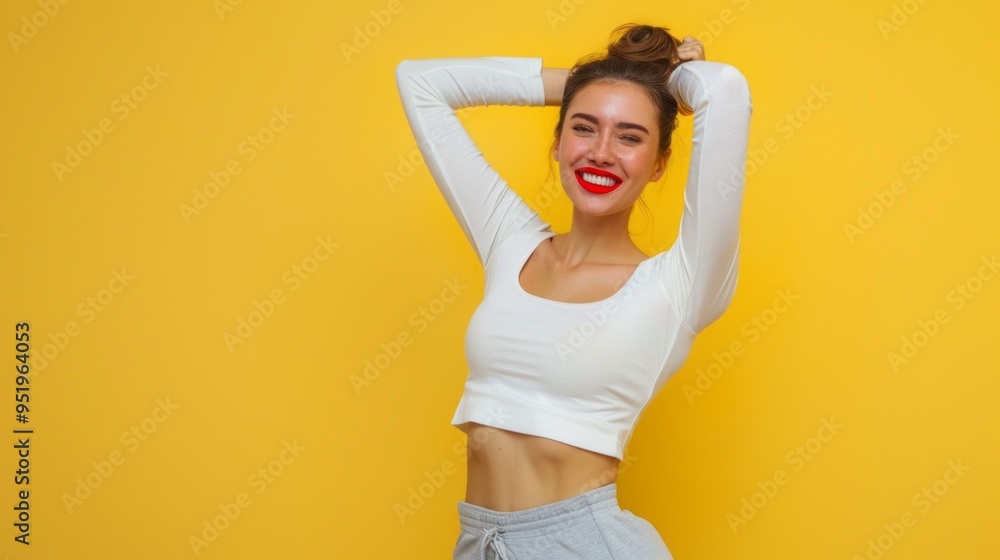 A woman with a red lip and a white shirt is posing for a picture A woman with a red lip and a white shirt is posing for a picture