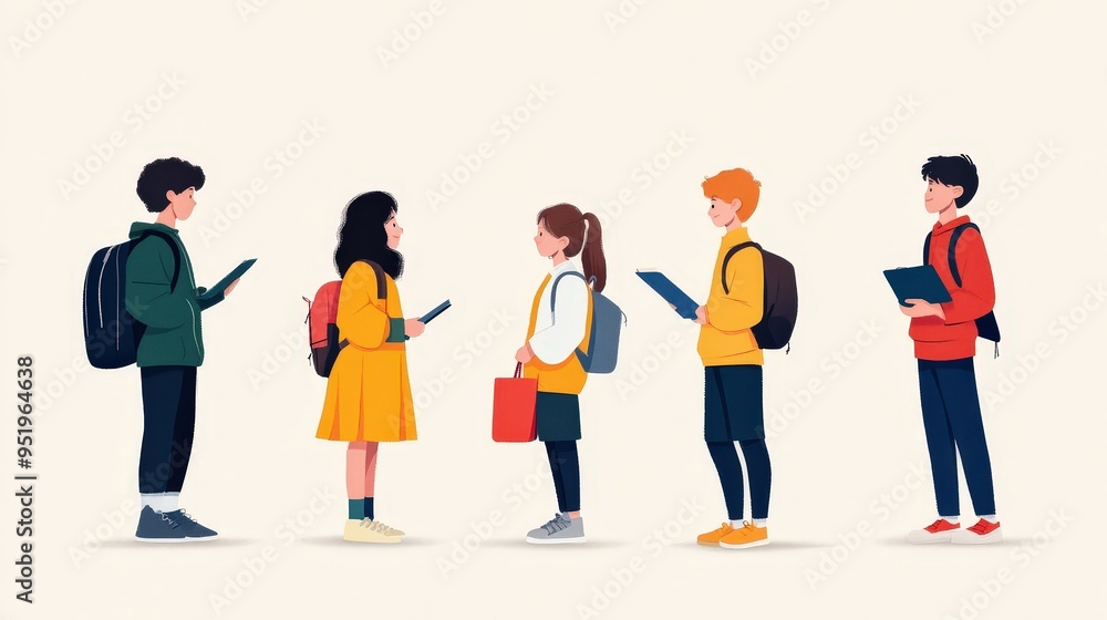 Ready for School: Five Students with Backpacks Chatting Before Class Ready for School: Five Students with Backpacks Chatting Before Class