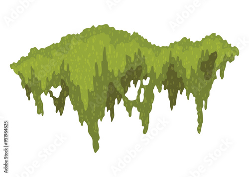 Cartoon jungle moss shape. Green swamp moss, forest hanging and creeping lichen. Rainy forest flora. Marsh plant for computer games isolated on white. Flat vector illustration