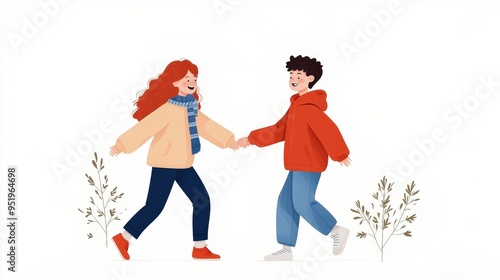 Joyful Stroll: Sibling Love and Laughter in a Simple Illustration.