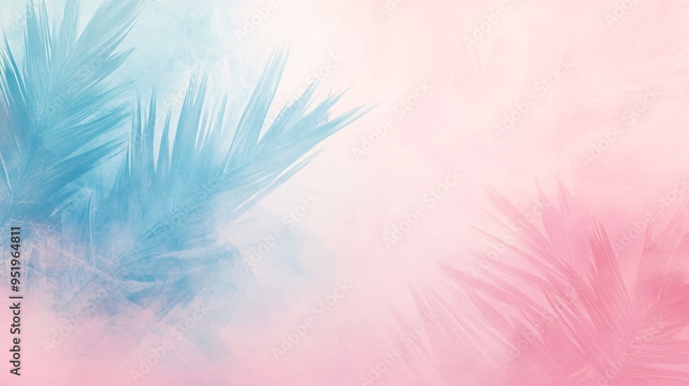 Fototapeta premium Soft pastel background featuring blue and pink palm leaves, creating a tranquil atmosphere.