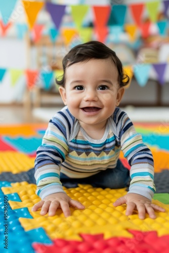A baby is smiling and playing on a colorful mat