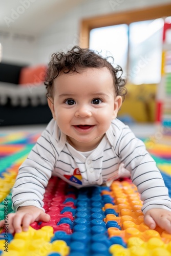 A baby is laying on a colorful mat and smiling