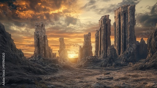 Majestic Stone Formations Under a Moody Sky: A Stunning Poster for Sports Interiors, Capturing the Echoes of an Ancient Civilization Bathed in Fading Sunlight.