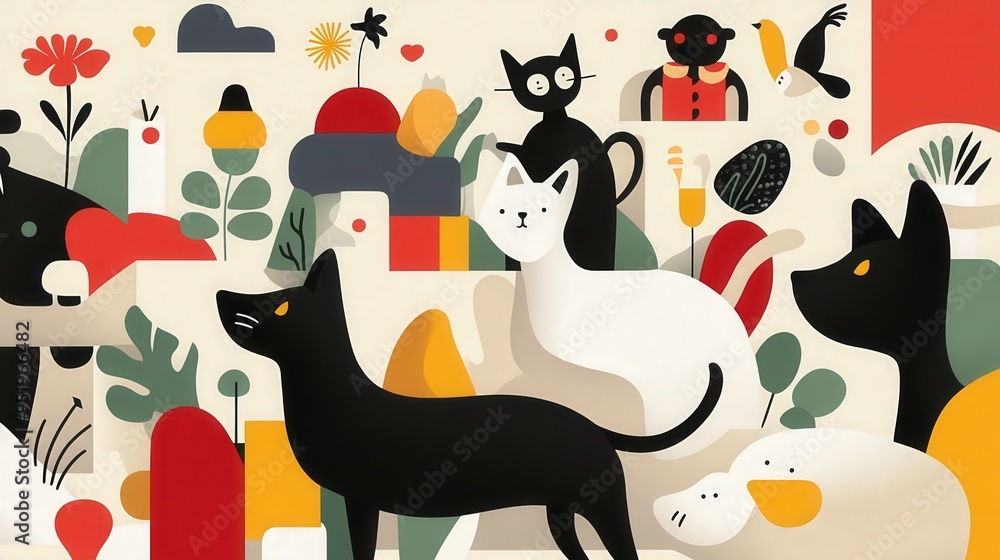 A Whimsical World of Feline Friends: Abstract Art Explores Playful Cat Companionship. A Whimsical World of Feline Friends: Abstract Art Explores Playful Cat Companionship.