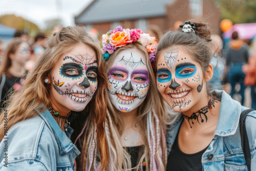 Skeleton girls during Halloween celebration. Skeleton girls during Halloween celebration.