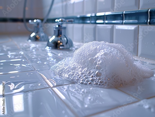 A white bathroom sink with soapy bubbles and a chrome faucet.  The tiled background is a cool, blue color. photo