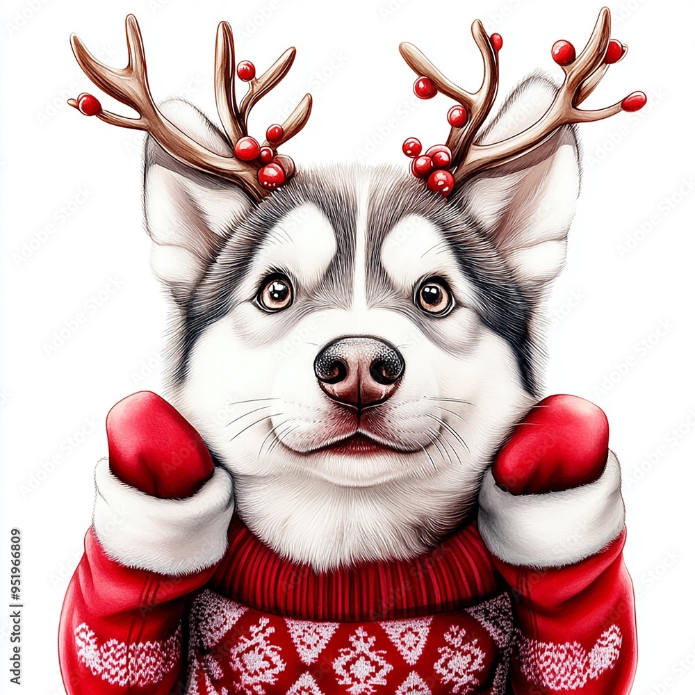 A festive husky wearing a cozy sweater and reindeer antlers, perfect for holiday themes and seasonal designs. A festive husky wearing a cozy sweater and reindeer antlers, perfect for holiday themes and seasonal designs.