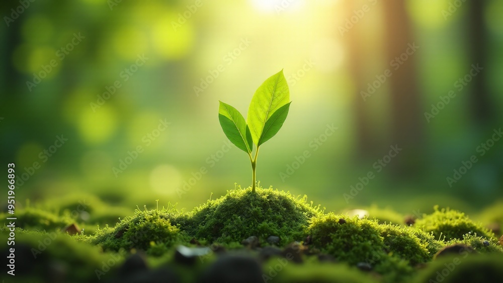A young sprout on a mossy mound, illuminated by warm morning sunlight, symbolizing growth and renewal A young sprout on a mossy mound, illuminated by warm morning sunlight, symbolizing growth and renewal