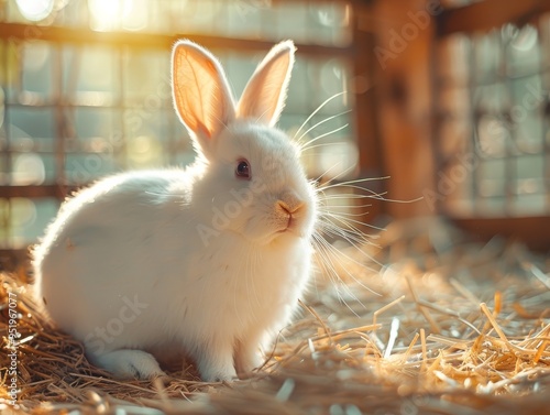 A white rabbit with blue eyes sits in a cage with hay.  Sunlight streams in through the bars. photo