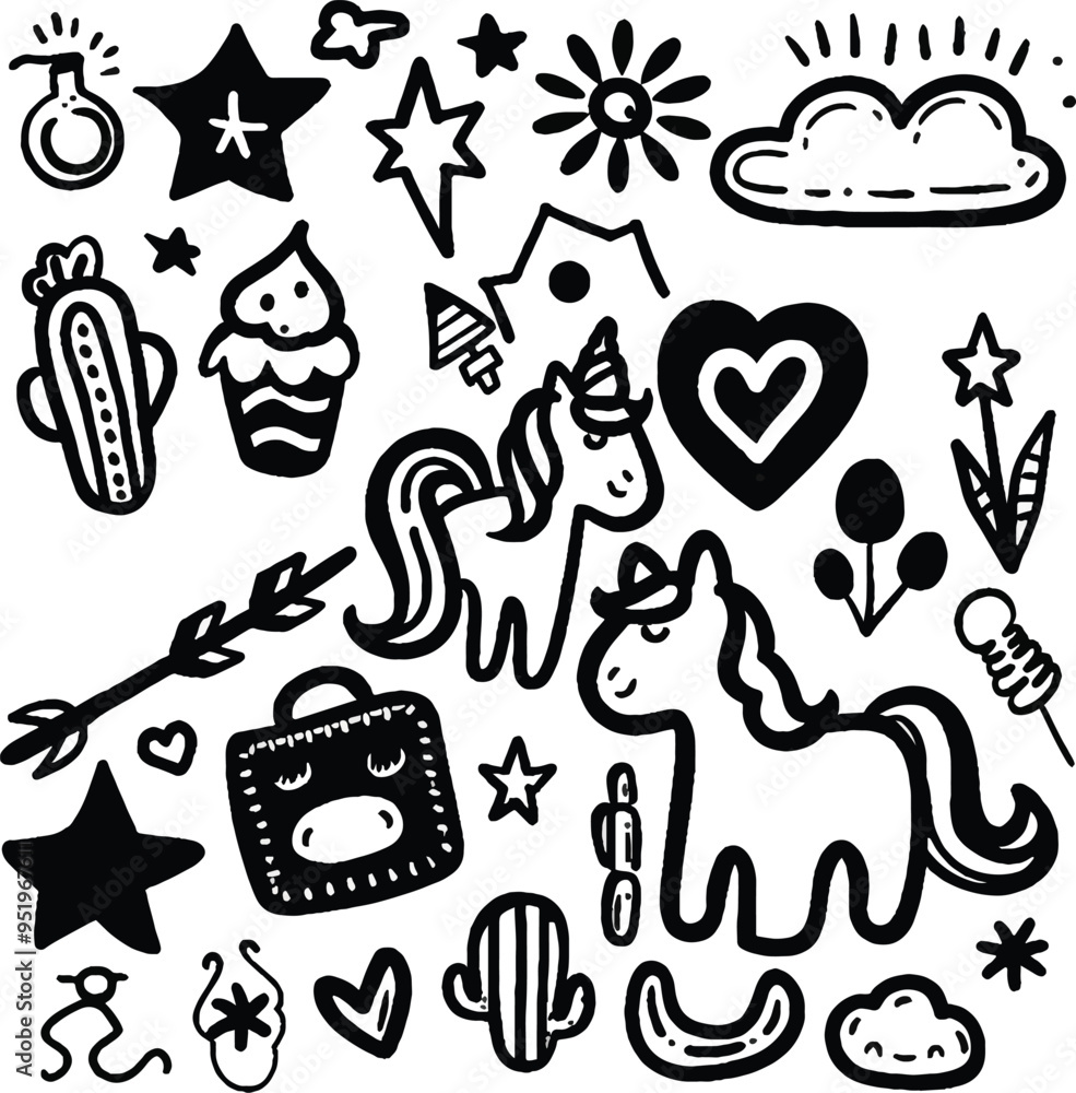Hand drawn charcoal doodle icons a unicorn cactus and stars in a whimsical boho style perfect for graphic design projects digital stamps and creative clipart resources Hand drawn charcoal doodle icons a unicorn cactus and stars in a whimsical boho style perfect for graphic design projects digital stamps and creative clipart resources