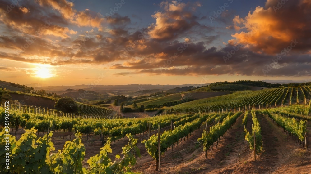 Vineyard landscape on hill with sunset panorama Vineyard landscape on hill with sunset panorama