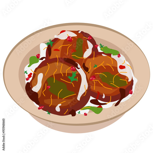 Dahi Aloo Tikki Chaat, famous indian street food, papdi chaat, dahi aloo tikki, chaat, tangy sour savoury sweet aloo tikki chaat illustration, indian munching food, indian favourite junk food, healthy
