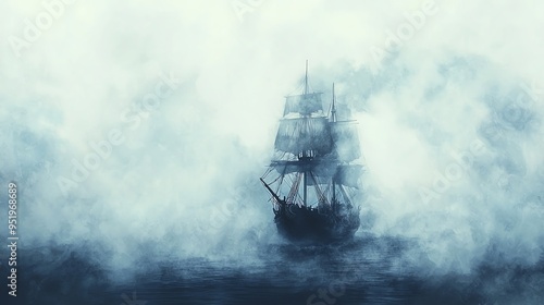 Spectral pirate ship emerging from fog, cursed sea, eerie atmosphere, Watercolor style photo