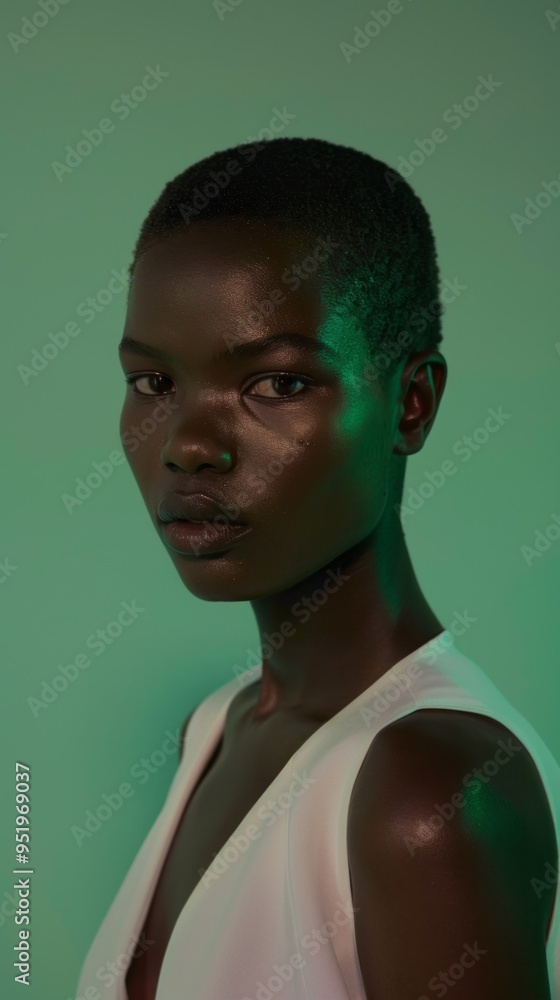 Obraz premium A woman with a short haircut and a green background