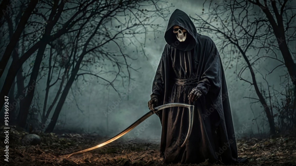 Fototapeta premium Reaper with scythe and mobile, spooky image