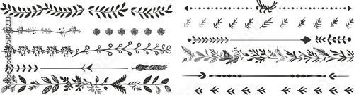 Hand drawn charcoal doodle floral dividers arrows swirls branches design elements ideal for wedding invitations scrapbooking feminine logos branding and social media posts isolated clipart set