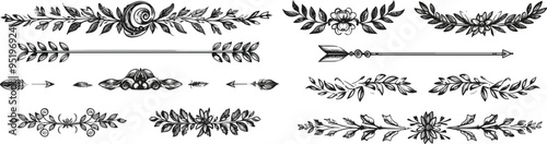 Hand drawn charcoal doodle set floral borders arrows branches swirls dividers and laurels ideal for vintage design elements and wedding invitations in monochrome style isolated