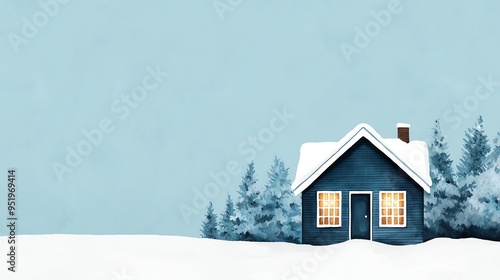 Watercolor illustration of a snow-covered cottage with warm lights, clipart, isolate on white background