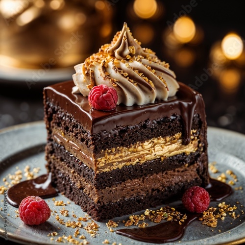 A delectable chocolate fudge cake, meticulously crafted with layers of velvety ganache and sprinkled with gold leaf. This mouth-watering dessert is captured in stunning detail in an 8k photo. photo