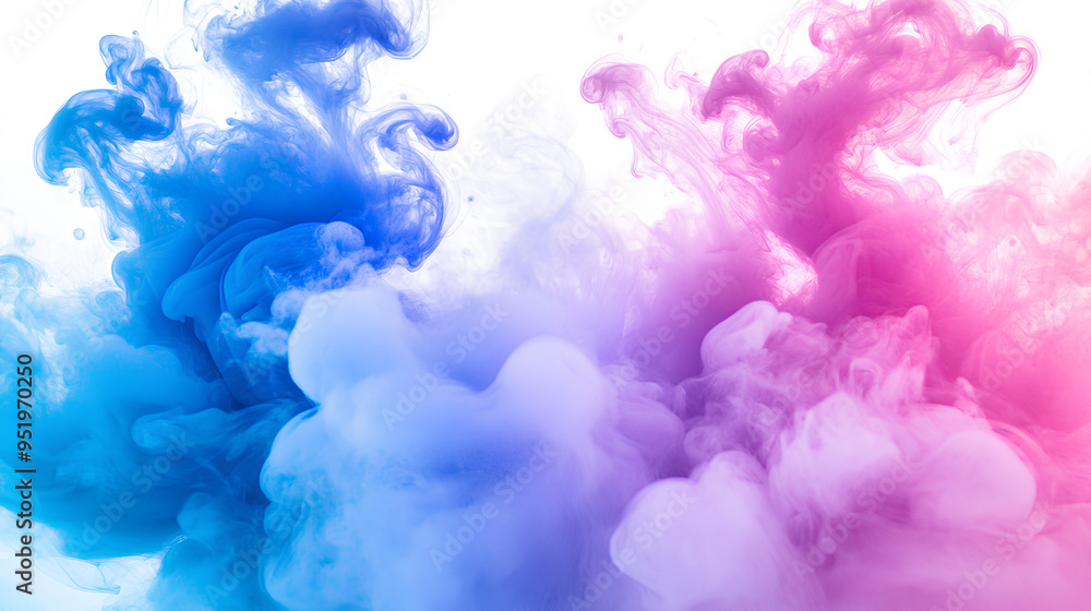 Acrylic color pigment and ink cloud in water. Abstract smoke on white background with copy space. Fancy dream cloud of ink underwater. Purple, blue and pink colors Acrylic color pigment and ink cloud in water. Abstract smoke on white background with copy space. Fancy dream cloud of ink underwater. Purple, blue and pink colors
