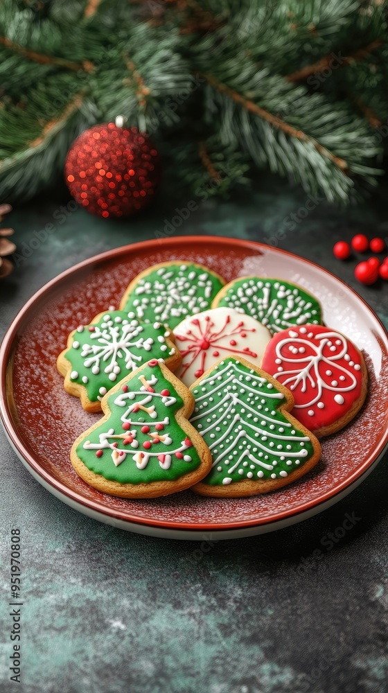 Decorative Christmas cookies shaped like trees, decorated with icing, presented on a festive plate surrounded by holiday elements. Decorative Christmas cookies shaped like trees, decorated with icing, presented on a festive plate surrounded by holiday elements.