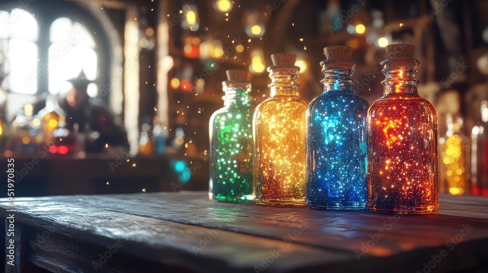 Colorful magic potions in bottles on a wooden shelf in a laboratory Colorful magic potions in bottles on a wooden shelf in a laboratory